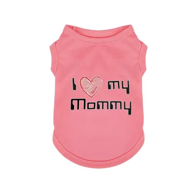 Pink dog t-shirt featuring I Love My Mommy text with red heart icon