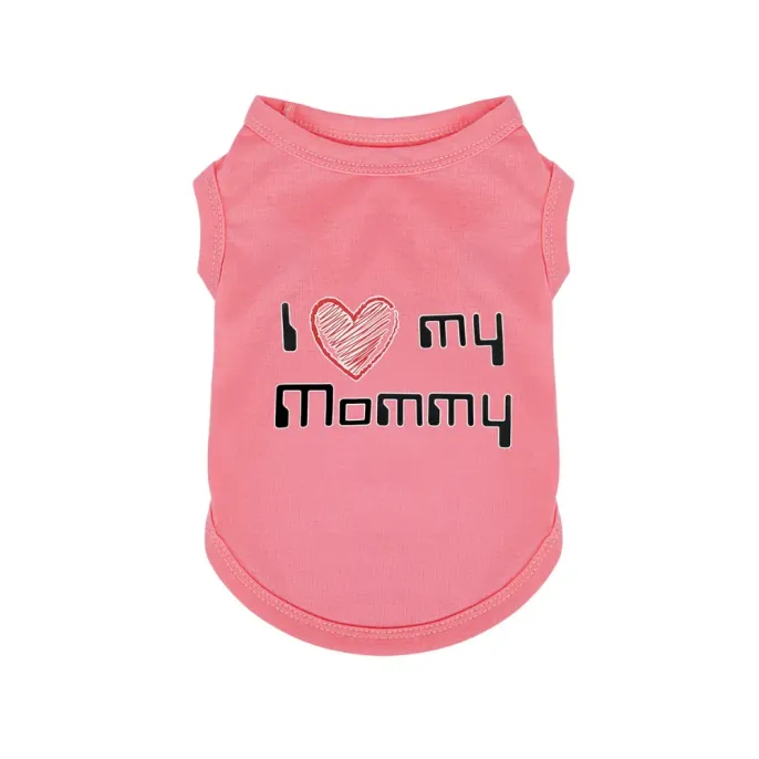 Pink dog t-shirt featuring I Love My Mommy text with red heart icon