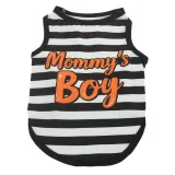 Striped Mommy's Boy Dog Shirt Black and White Black and white horizontal striped dog vest with orange Mommy's Boy text
