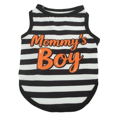 Striped Mommy's Boy Dog Shirt Black and White Black and white horizontal striped dog vest with orange Mommy's Boy text