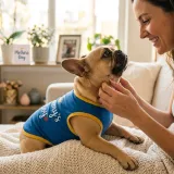 French Bulldog in Mommy's Boy Shirt Lifestyle Fawn French Bulldog wearing blue Mommy's Boy vest interacting with pet owner in home setting