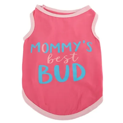 Pink Mommy's Best Bud Dog Apparel Pink dog t-shirt with light pink trim featuring Mommy's Best Bud text in blue