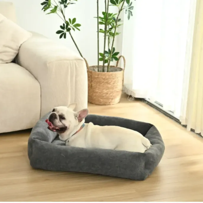 Cozy Indoor Pet Sofa Bed for Small Dogs in Living Room Scene | Petfairs small dog resting in soft black pet sofa bed placed in modern living room