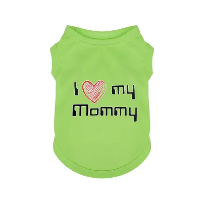 Lime green dog shirt with I Love My Mommy text and heart icon