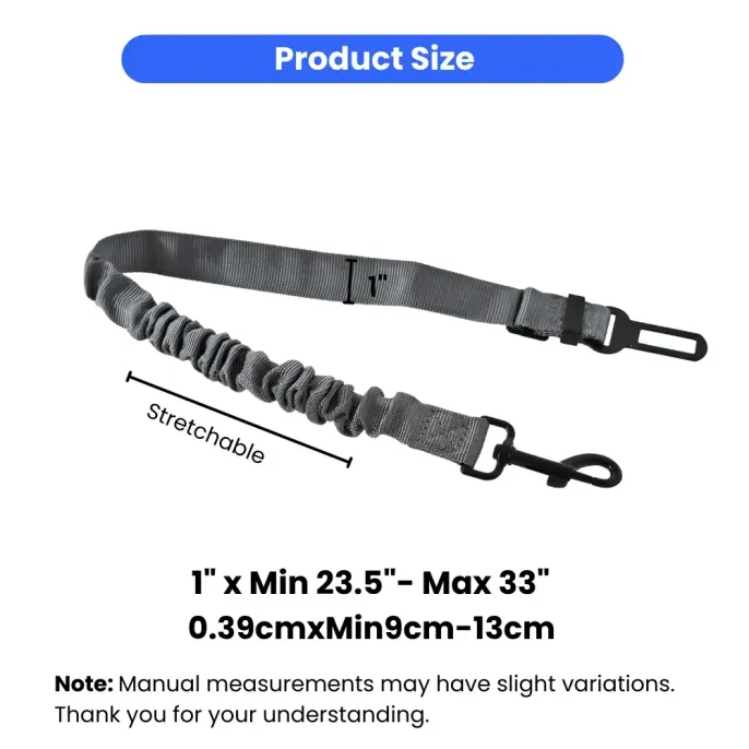 A product sizing diagram for a grey adjustable pet car seat belt. The image shows the unextended length of 23.5 inches (9cm) and the fully extended stretchable length of 33 inches (13cm). The width is marked as 1 inch (0.39cm). A note states manual measur