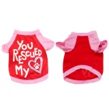Front and back view of red and pink pet shirt with heart and paw print design