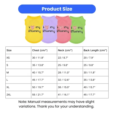 Detailed size guide table for pet shirts showing chest neck and back length in cm and inches