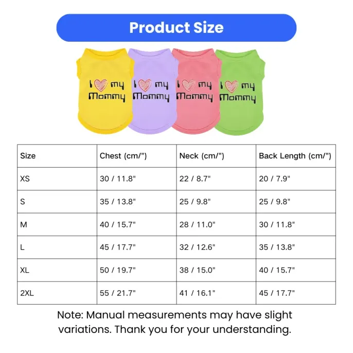 Detailed size guide table for pet shirts showing chest neck and back length in cm and inches