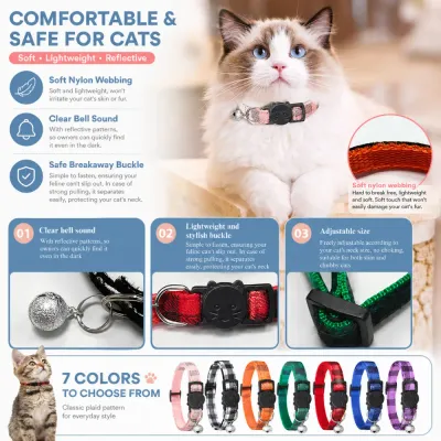 comfortable-safe-cat-collar-features-infographic Infographic showing cat collar features including soft nylon webbing, clear bell sound, safe breakaway buckle, and adjustable size.