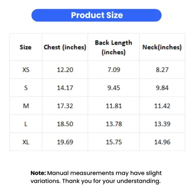 Mother's Day Dog Shirt Size Guide XS-XL Detailed size chart table for dog shirts showing chest back length and neck measurements in inches