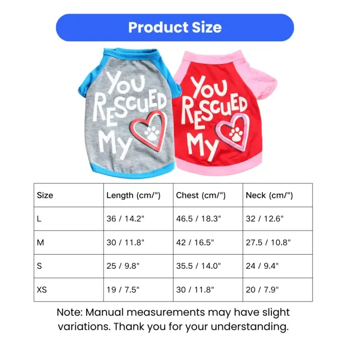 Detailed dog apparel size guide showing length chest and neck measurements in cm and inches