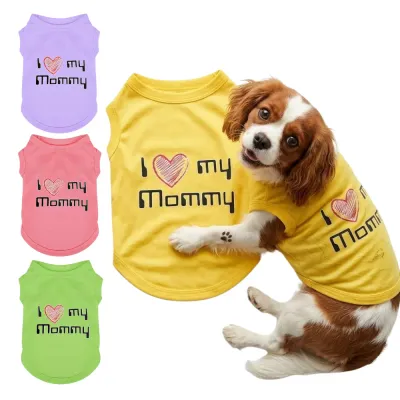 I Love My Mommy Dog Shirt Collection Cavalier King Charles Spaniel wearing yellow I Love My Mommy shirt with pink purple and green color options