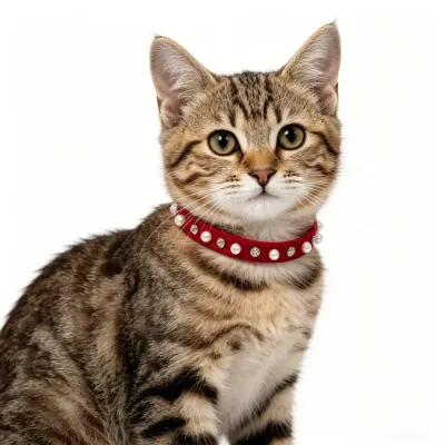 Luxury Red Pearl and Rhinestone Cat Collar on Tabby Kitten A tabby kitten wearing a premium red velvet-style cat collar embellished with white pearls and sparkling crystals.