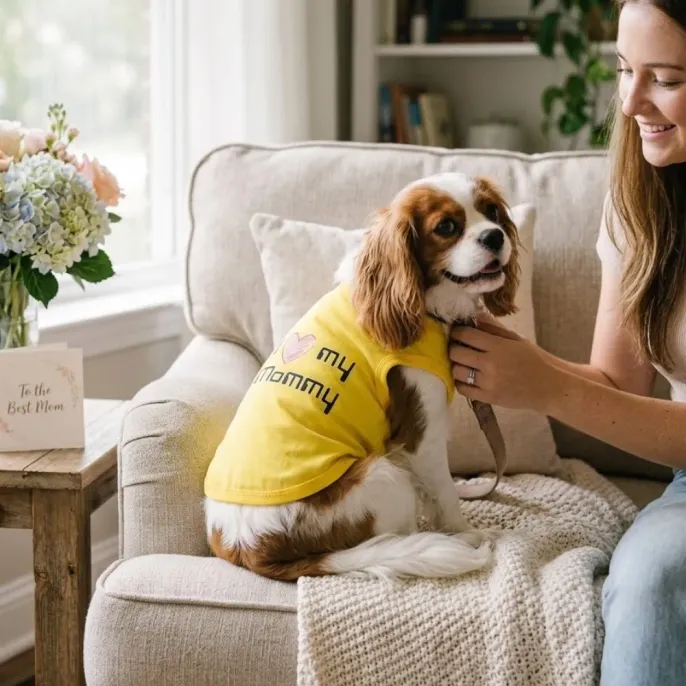 Woman with a dog wearing yellow I Love My Mommy shirt in a cozy indoor setting