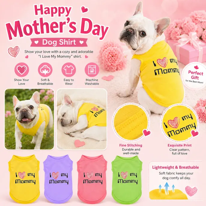 Infographic of French Bulldog in yellow shirt highlighting soft breathable and machine washable features