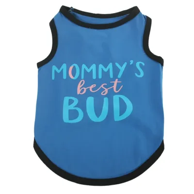 Mommy's Best Bud Pet Vest Blue Blue sleeveless dog shirt with black trim and light blue Mommy's Best Bud print