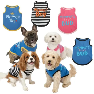 Group of diverse dogs wearing various Mommy's Boy and Mommy's Best Bud shirts
