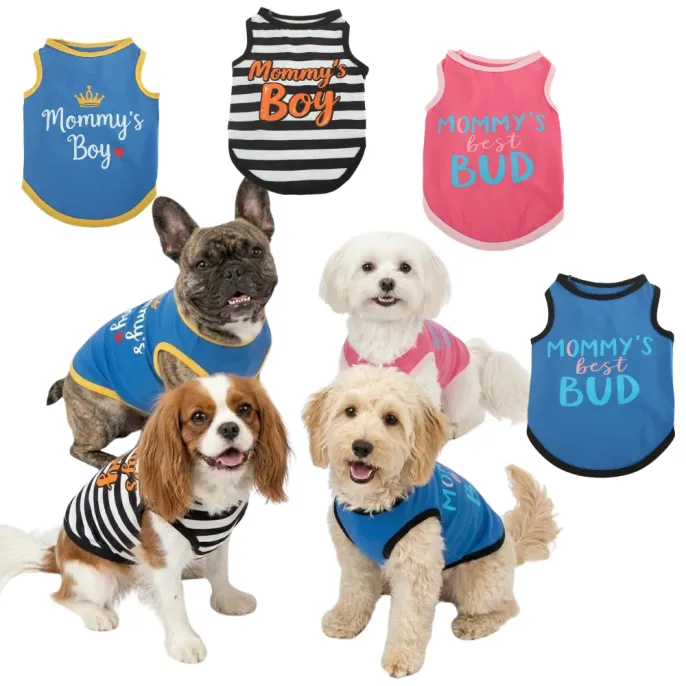 Mother's Day Dog Shirt Multi-Design Collection Group of diverse dogs wearing various Mommy's Boy and Mommy's Best Bud shirts