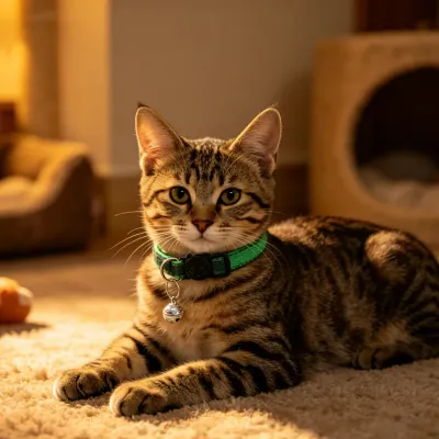 tabby-cat-wearing-green-plaid-breakaway-collar A tabby cat lying on a carpet in warm lighting wearing a green plaid collar with a cat-shaped breakaway buckle.