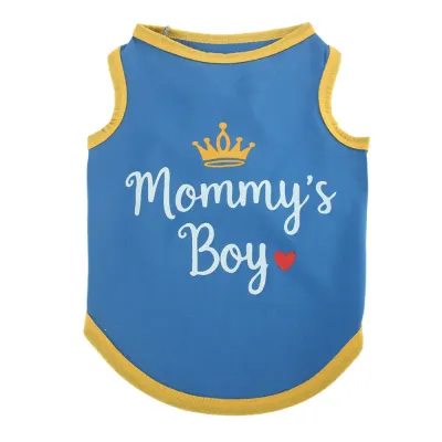 Mommy's Boy Dog Shirt Blue with Crown Blue dog vest with yellow trim featuring white Mommy's Boy text and gold crown icon