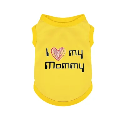 Bright yellow dog t-shirt with I Love My Mommy screen print