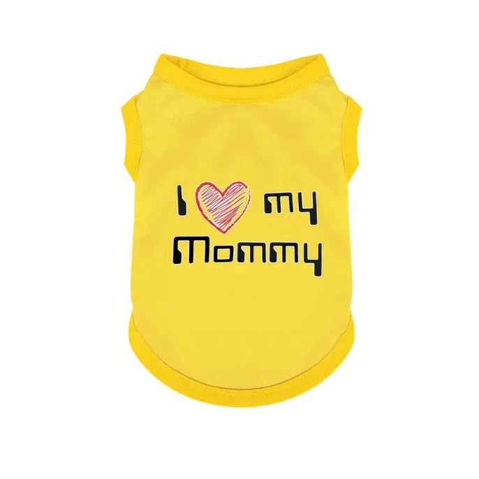 Bright yellow dog t-shirt with I Love My Mommy screen print