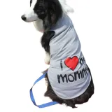 A Border Collie wearing a sleeveless grey dog shirt with "I Love My Mommy" and a red heart printed on the back.