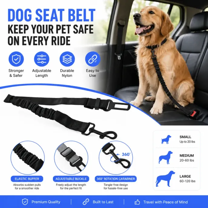 A detailed studio shot of a black adjustable dog car seat belt with a seat belt clip and a heavy-duty swivel carabiner. The image features a close-up circle highlighting the ruffled elastic bungee section. A Pomeranian dog and an orange and white tabby ca