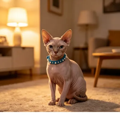 Soft Blue Flocking Cat Collar for Sensitive Skin - Sphynx Cat A hairless Sphynx cat wearing a bright blue pearl-studded collar in a cozy home setting.