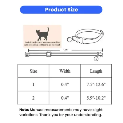 cat-collar-size-chart-and-measurement-guide Size chart for cat collars showing two size options with adjustable lengths from 5.9 to 12.6 inches.