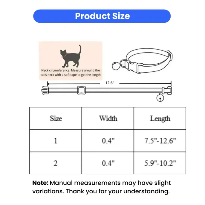 cat-collar-size-chart-and-measurement-guide Size chart for cat collars showing two size options with adjustable lengths from 5.9 to 12.6 inches.