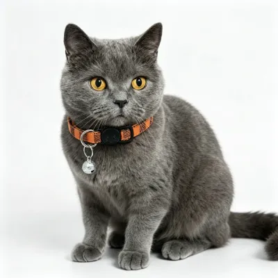 grey-british-shorthair-wearing-orange-plaid-collar A grey British Shorthair cat sitting calmly while wearing an orange plaid breakaway collar with a silver bell.