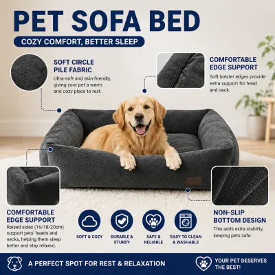 Pet Sofa Bed Features Soft Plush Washable Non Slip Bottom pet sofa bed feature details soft plush fabric supportive edges washable and non slip bottom