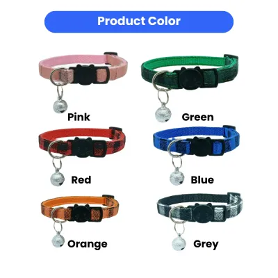 plaid-breakaway-cat-collars-color-options A collection of six plaid breakaway cat collars with bells in pink, green, red, blue, orange, and grey.