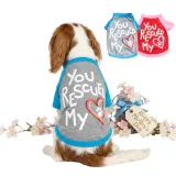 Spaniel dog wearing grey and blue rescue dog t-shirt sitting next to Mother's Day gift jar