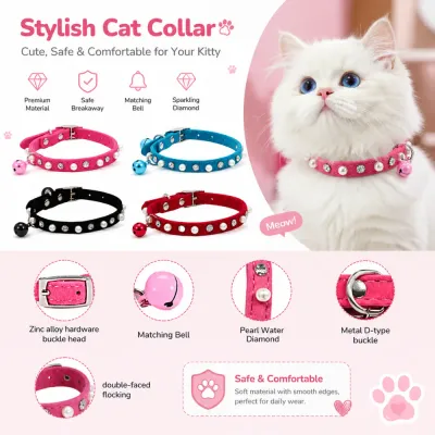 Premium Breakaway Cat Collar Features and Hardware Details Infographic showcasing cat collar features: zinc alloy buckle, matching bell, pearl water diamonds, and metal D-ring.
