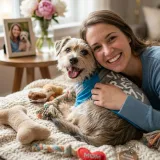 Smiling woman hugging a dog wearing the You Rescued My Heart t-shirt in a cozy home setting