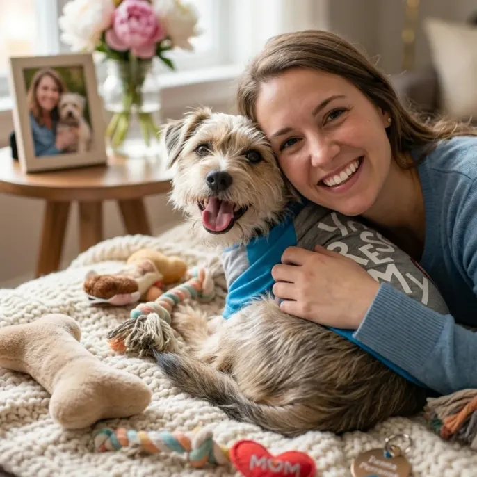 Smiling woman hugging a dog wearing the You Rescued My Heart t-shirt in a cozy home setting