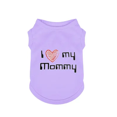 Purple dog vest with I Love My Mommy print and red heart graphic