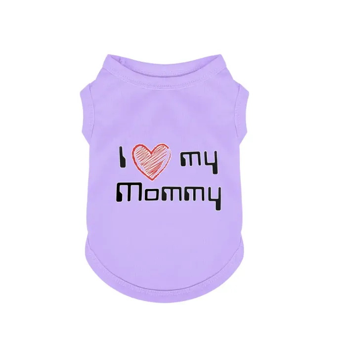 Purple dog vest with I Love My Mommy print and red heart graphic