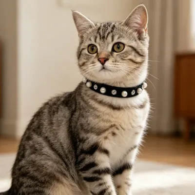 Chic Black Pearl Cat Collar for Pet Grooming and Photoshoots A close-up of a domestic shorthair cat wearing a sophisticated black collar with alternating pearls and rhinestones.