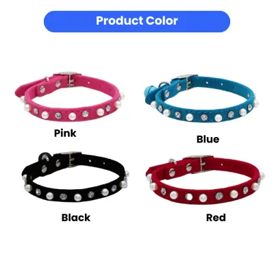 Wholesale Velvet Cat Collars in Pink, Blue, Black, and Red A product color selection chart showing four pearl-studded cat collars in pink, turquoise blue, classic black, and deep red.