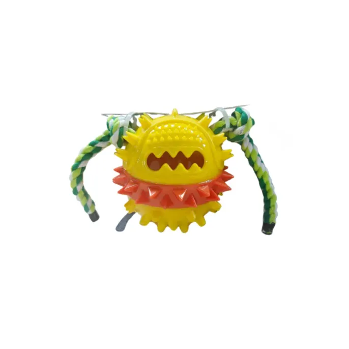 A yellow and orange spiky dog toy with a green and white braided cotton rope.