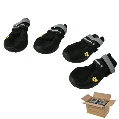 wholesale-pet-boots-bulk-carton-packaging Multiple sets of dog boots shown next to an open shipping carton labeled for pet supply ecosystem distribution.