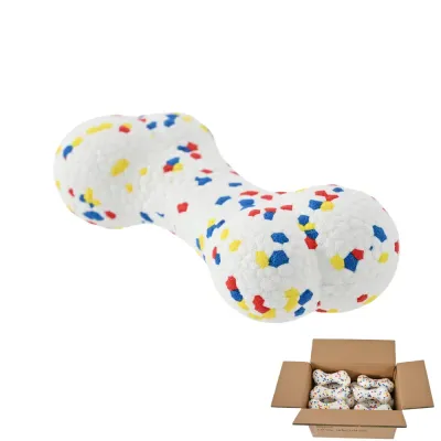 ETPU Bone Dog Toy Wholesale Packaging Durable white ETPU bone-shaped dog toy with colorful speckles shown individually and in a bulk cardboard shipping box for wholesale.