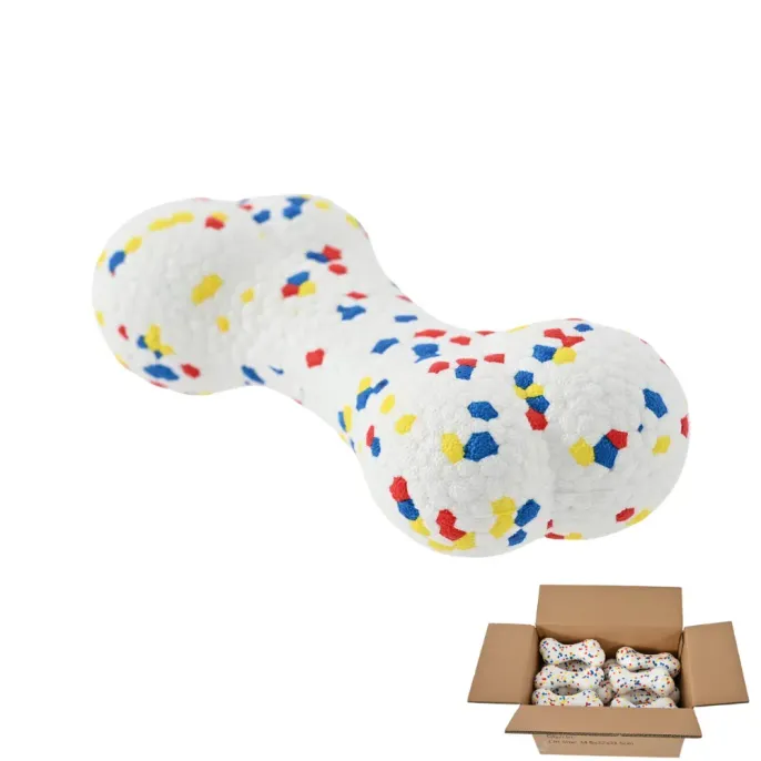 ETPU Bone Dog Toy Wholesale Packaging Durable white ETPU bone-shaped dog toy with colorful speckles shown individually and in a bulk cardboard shipping box for wholesale.
