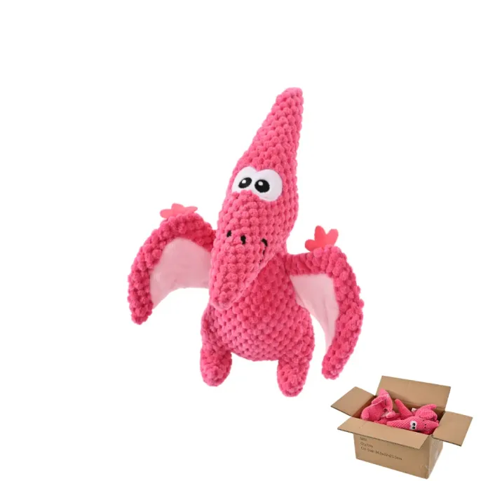 pink-pterosaur-squeaky-dog-toy-wholesale-packaging Pink pterosaur plush squeaky dog toy shown with bulk wholesale shipping box to demonstrate B2B supply.