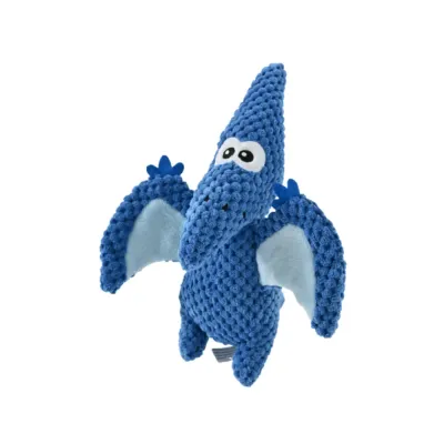 blue-pterosaur-plush-squeaky-dog-toy Front view of a blue pterosaur squeaky dog toy made of bite-resistant textured plush fabric.