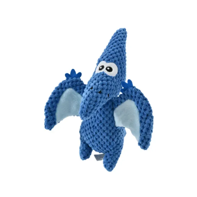 blue-pterosaur-plush-squeaky-dog-toy Front view of a blue pterosaur squeaky dog toy made of bite-resistant textured plush fabric.