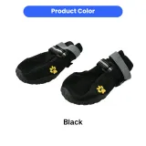 black-protective-dog-shoes-pair Close-up of a pair of black dog shoes with anti-slip rubber soles and adjustable velcro straps.